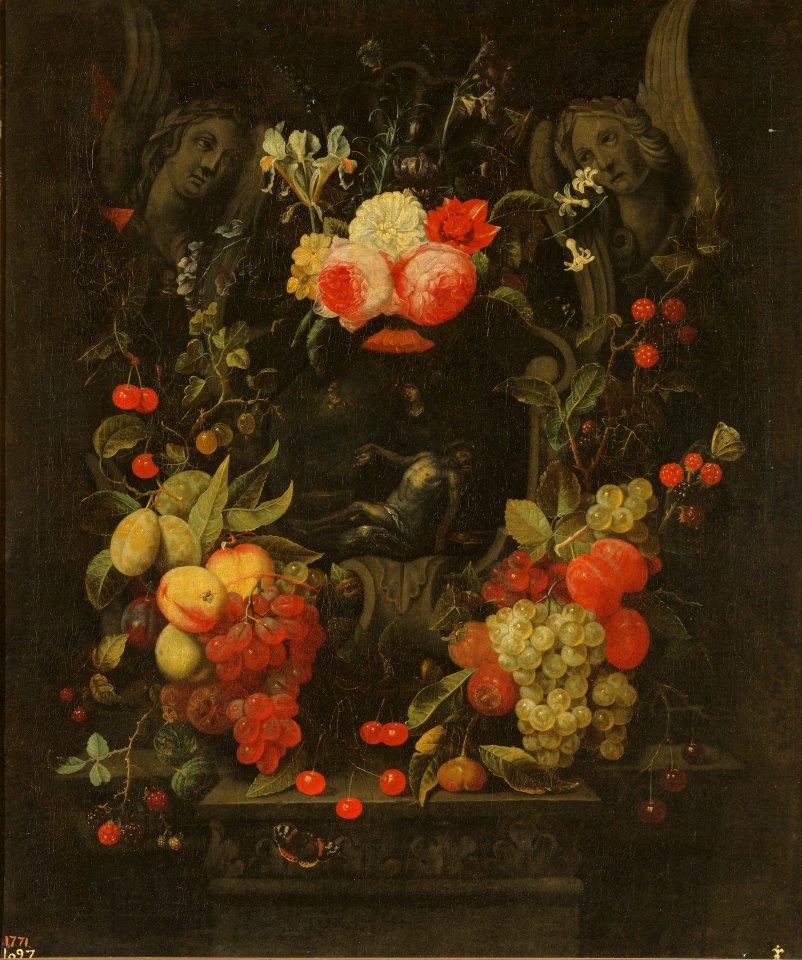 Cornelis van Huynen - Garland of flowers and fruits with the Pietà