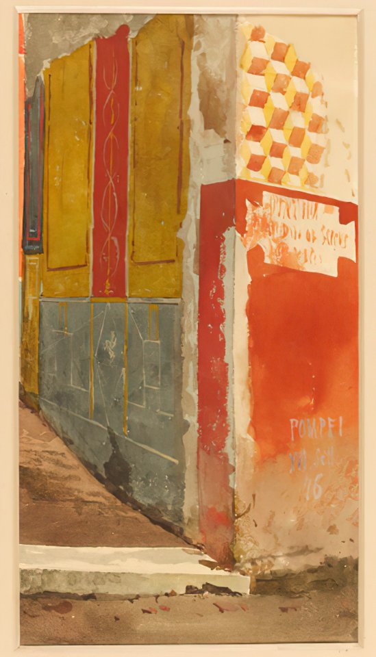 Corner with signage in Pompeii watercolor by Luigi Bazzani