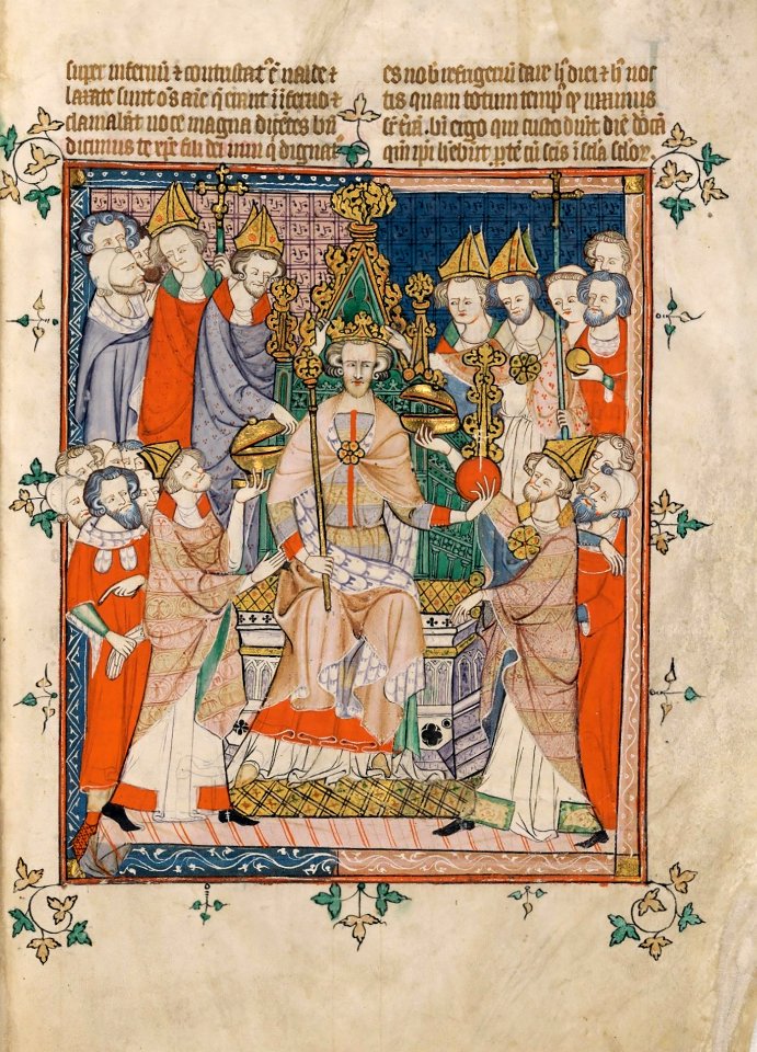 Coronation of Edward II from Apocalypse, Visio Sancti Pauli, MS 020, Corpus Christi College, Cambridge, 1300-25 (28252729249)