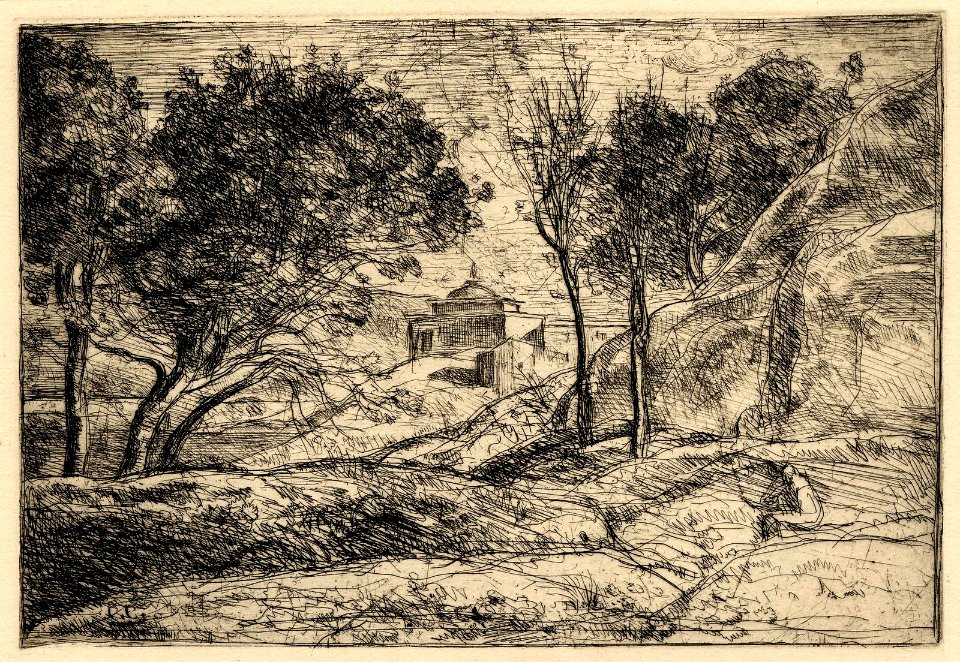 Corot - Tuscan landscape with domed building seen through trees on hill. c.1845, 1880,0214.339