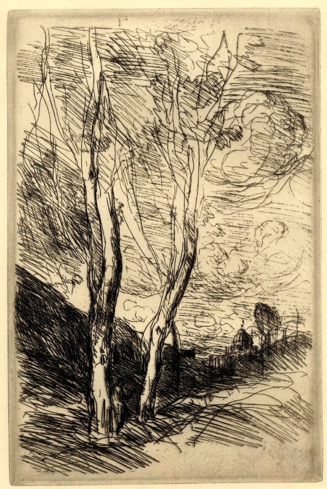 Corot - Tree in landscape with the Duomo visible beyond hills to right. c.1869-70, 1913,1213.13