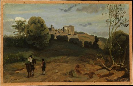 Corot - View of Genzano with a Rider and Peasant, 1843 or later. Free illustration for personal and commercial use.