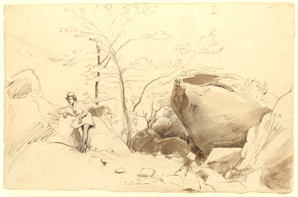 Jean-Baptiste-Camille Corot - Fontainebleau, Figure Leaning Against a Rock - Google Art Project