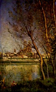 Jean-Baptiste-Camille Corot - Cathedral of Mantes, with Fisherman. Free illustration for personal and commercial use.