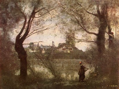 Jean-Baptiste-Camille Corot - Cathedral of Mantes, with Young Woman