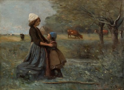 Jean-Baptiste-Camille Corot - Les deux soeurs dans la prairie. Free illustration for personal and commercial use.