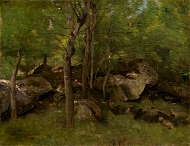 Jean-Baptiste-Camille Corot - Roches dans la forêt de Fontainebleau (1860-65). Free illustration for personal and commercial use.
