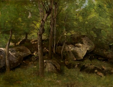 Rocks in the Forest of Fontainebleau by Jean-Baptiste-Camille Corot c1860-65. Free illustration for personal and commercial use.