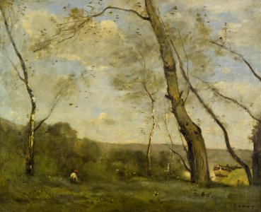 Jean-Baptiste-Camille Corot - Grands arbres dominant la berge d'une rivière (1855). Free illustration for personal and commercial use.