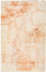 Correggio (Italian, 1489^-1534) - A Draped Female Figure (possibly an Amazon) and Architectural Studies (verso) - 2001.97.b - Cleveland Museum of Art