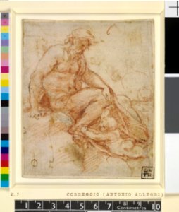 Correggio - A nude man seated to right with a putto at his feet, part of a ground plan at l, Pp,2.103