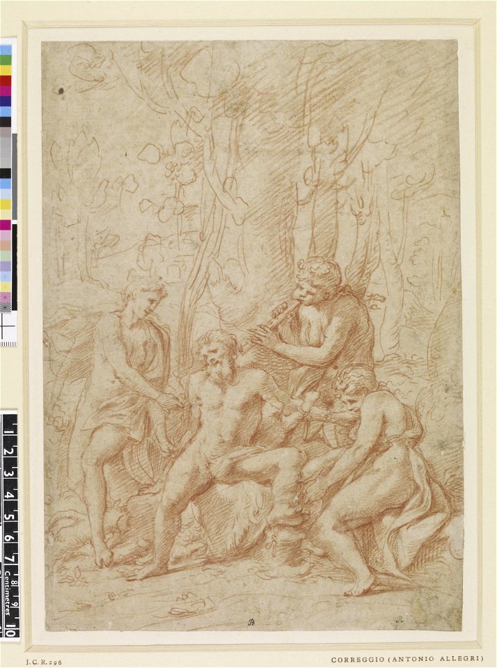 Correggio - The allegory of Vice; four semi-nude figures seated on rocks beneath a tree, one playing a pipe, 1895,0915.736