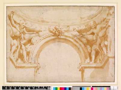 Correggio - The arch behind the Madonna of St George; central winged cherub head and a youth at either side, 1860,0616.21