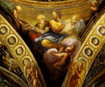 Correggio, cupola, santi ambrogio e luca