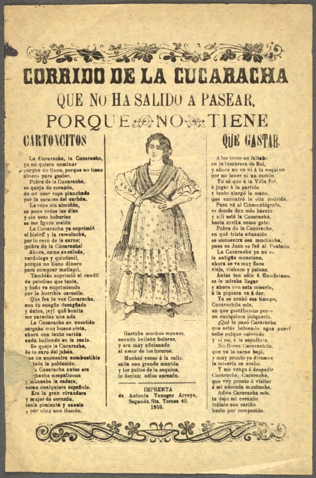 Corrido de la cucaracha que no ha salido a pasear, porque no tiene cartoncitos que gastar LCCN99615844