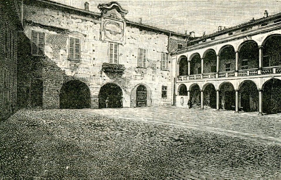 Cortile del palazzo Pretorio Novara xilografia
