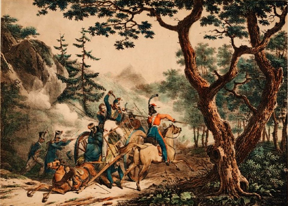 Cossacks attacking French soldiers in a forest