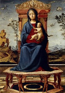 Lorenzo Costa - Virgin and Child Enthroned - WGA5439. Free illustration for personal and commercial use.