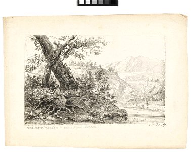 Country scene with trees on a bank by a river RMG PY6171