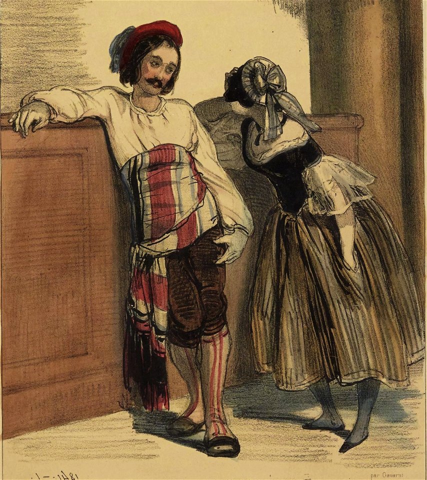 Couple de Parisiens en Carnaval vers 1840 - Par Paul Gavarni - Détail d'une lithographie coloriée