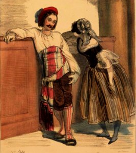 Couple de Parisiens en Carnaval vers 1840 - Par Paul Gavarni - Détail d'une lithographie coloriée. Free illustration for personal and commercial use.