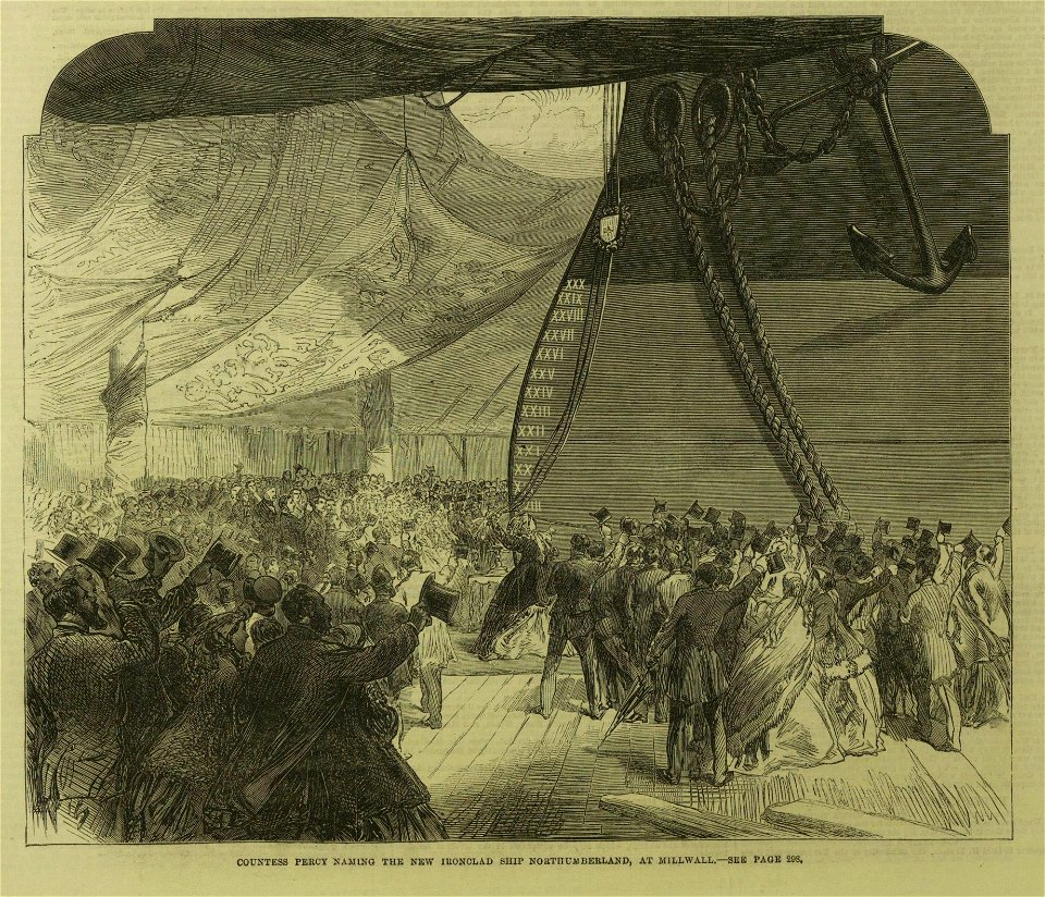 Countess Percy naming the New Ironclad Ship Northumberland, at Millwall - ILN 1866