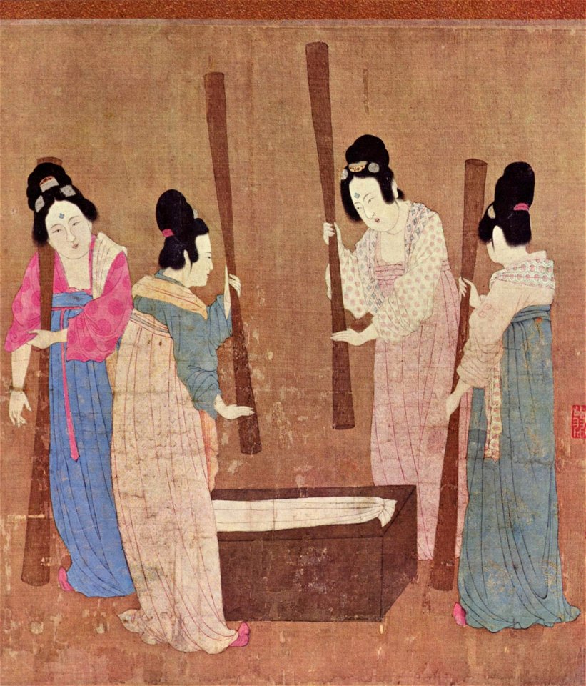 Court ladies pounding silk from a painting (捣练图) by Emperor Huizong