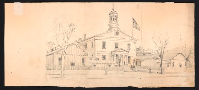 Courthouse or town hall surrounded by homes and outbuildings, American flag flying over roof at right; sketch on verso of federal style building with cupola LCCN2016649113