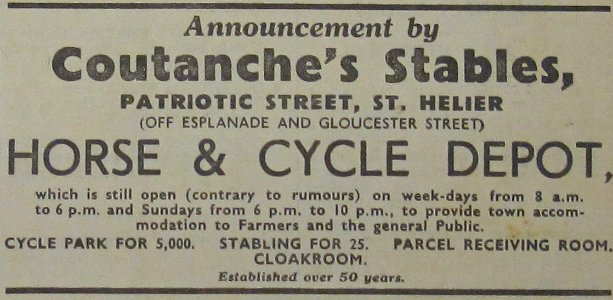 Coutanche's stables Horse and Cycle depot 1941 Jersey. Free illustration for personal and commercial use.