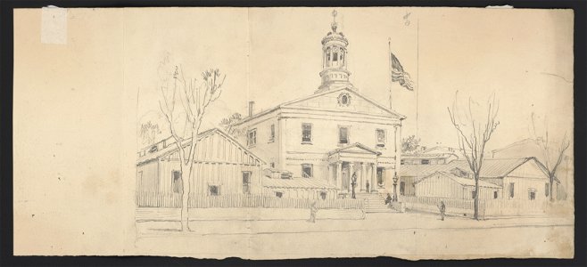 Courthouse or town hall surrounded by homes and outbuildings, American flag flying over roof at right; sketch on verso of federal style building with cupola LCCN2016649113