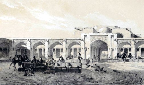 Courtyard of the caravanserai Mahyar by Eugène Flandin