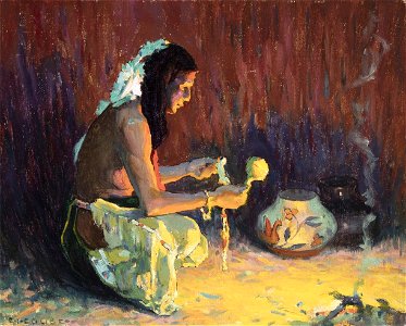 Indian Brave Kneeling before the Firelight by Eanger Irving Couse, 1921