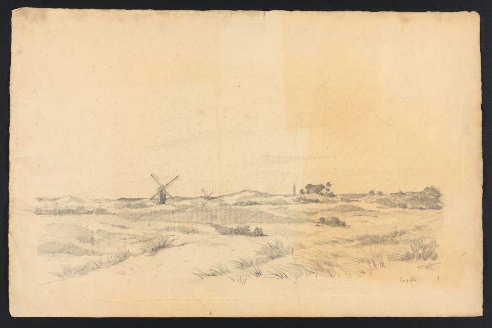 Coxyde- vue de la campagne avec moulins et village à l'horizon drawing by Jean-François Taelemans, R-2009-26322, Prints Department, Royal Library of Belgium