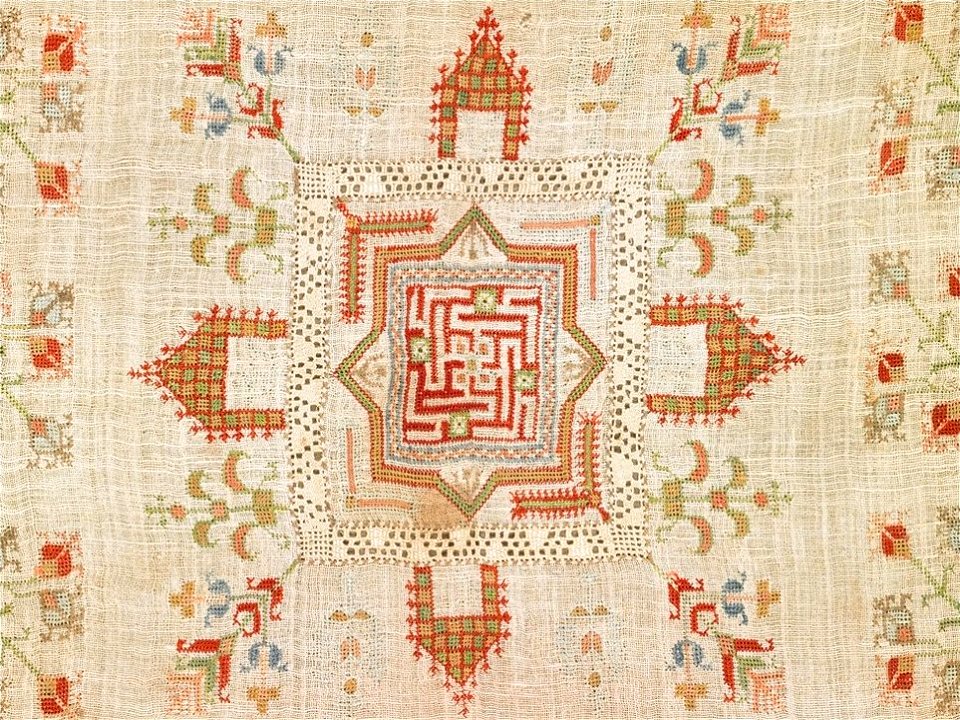Cover, Armenia, 18th century, Linen, silk, plain weave, embroidery (cross stitch), drawnwork lace, Honolulu Academy of Arts