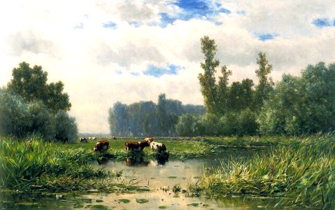 Cows at the waterside, by Willem Roelofs. Free illustration for personal and commercial use.