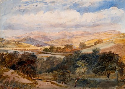 Cox-Jnr-98119 - Long Mynd and distant Stokesay Castle - circa 1840. Free illustration for personal and commercial use.