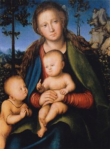 Lucas Cranach d.Ä. - Madonna mit dem Jesuskind und dem heiligen Johannes (Galleria degli Uffizi). Free illustration for personal and commercial use.