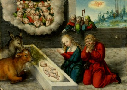 Lucas Cranach d.Ä. - Anbetung Christi (1545-50). Free illustration for personal and commercial use.