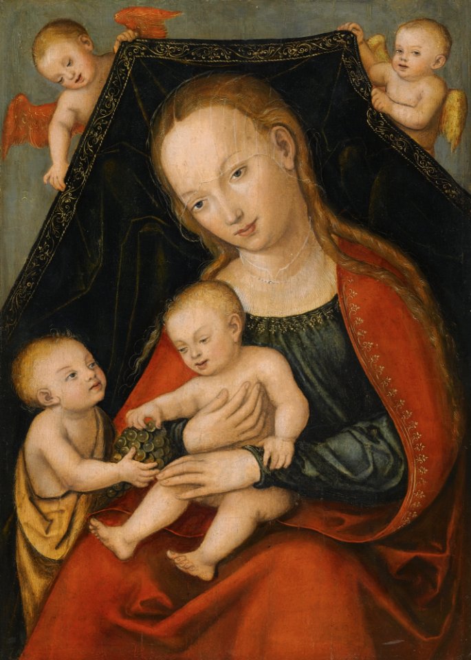 Lucas Cranach d.Ä. (Werkstatt) - Madonna mit dem Jesuskind, Johannes dem Täufer und zwei Engeln