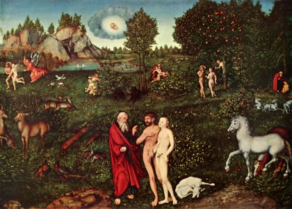 Lucas Cranach (I) - Adam and Eve-Paradise - Kunsthistorisches Museum. Free illustration for personal and commercial use.