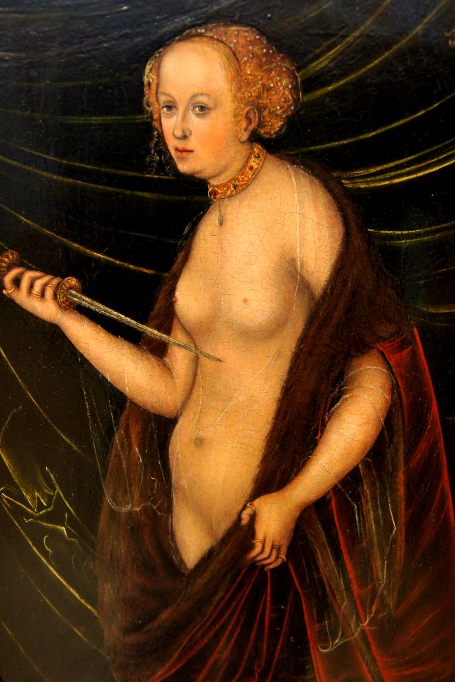 2011-03-26 Aschaffenburg 036 Schloss Johannisburg, Staatsgalerie, Anonymer Schüler Lucas Cranachs d.Ä. - Selbstmord der Lucretia (6090780939)