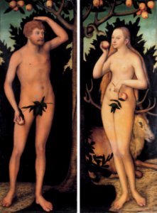 Adam and Eve, by Lucas Cranach the younger. Free illustration for personal and commercial use.