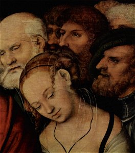 Lucas Cranach (II) - Christ and the woman taken in adultery - detail - Eremitage. Free illustration for personal and commercial use.