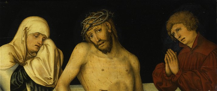 Lucas Cranach d.J. - Christus als Schmerzensmann mit der Jungfrau und Johannes. Free illustration for personal and commercial use.