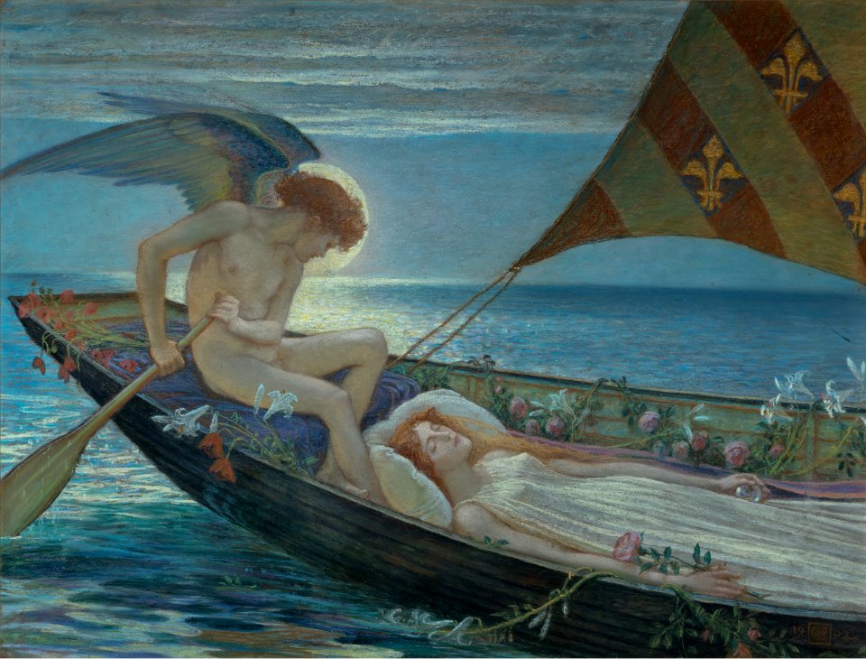 Walter Crane, Cesta na věčnost (A Dream, Voyage de R-ve), 1902, Pastel na lepence 175 x 252 mm, sbírka kresby Národní galerie v Praze