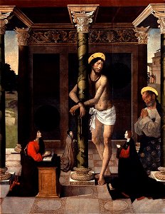 Cristo atado a la columna con San Pedro y donantes - Alejo Fernández. Free illustration for personal and commercial use.
