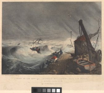 Crew of the Edward American ship, landing from the wreck, On the North Bull, Dublin Bay, Nov 1825 RMG PW7714