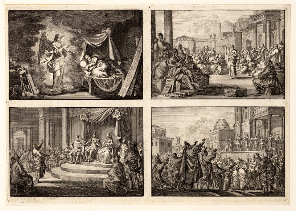 De engel verschijnt aan Jozef, Paulus op de Areopagus predikt voor een menigte Grieken, Paulus geketend voor Agrippa en Berenice, Pilatus toont Jezus aan het volk, objectnr A 48720