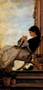 Cristiano Banti - Woman Sewing on the Terrace - WGA1260. Free illustration for personal and commercial use.