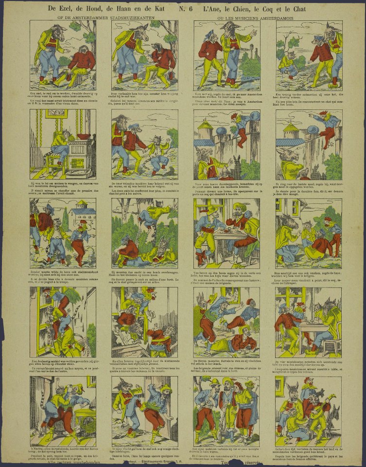 De ezel, de hond, de haan en de kat of De Amsterdammer stadsmuziekanten= L'ane, le chien, le coq et le chat ou Les musiciens Amsterdamois-Catchpenny print-PRENT 0121
